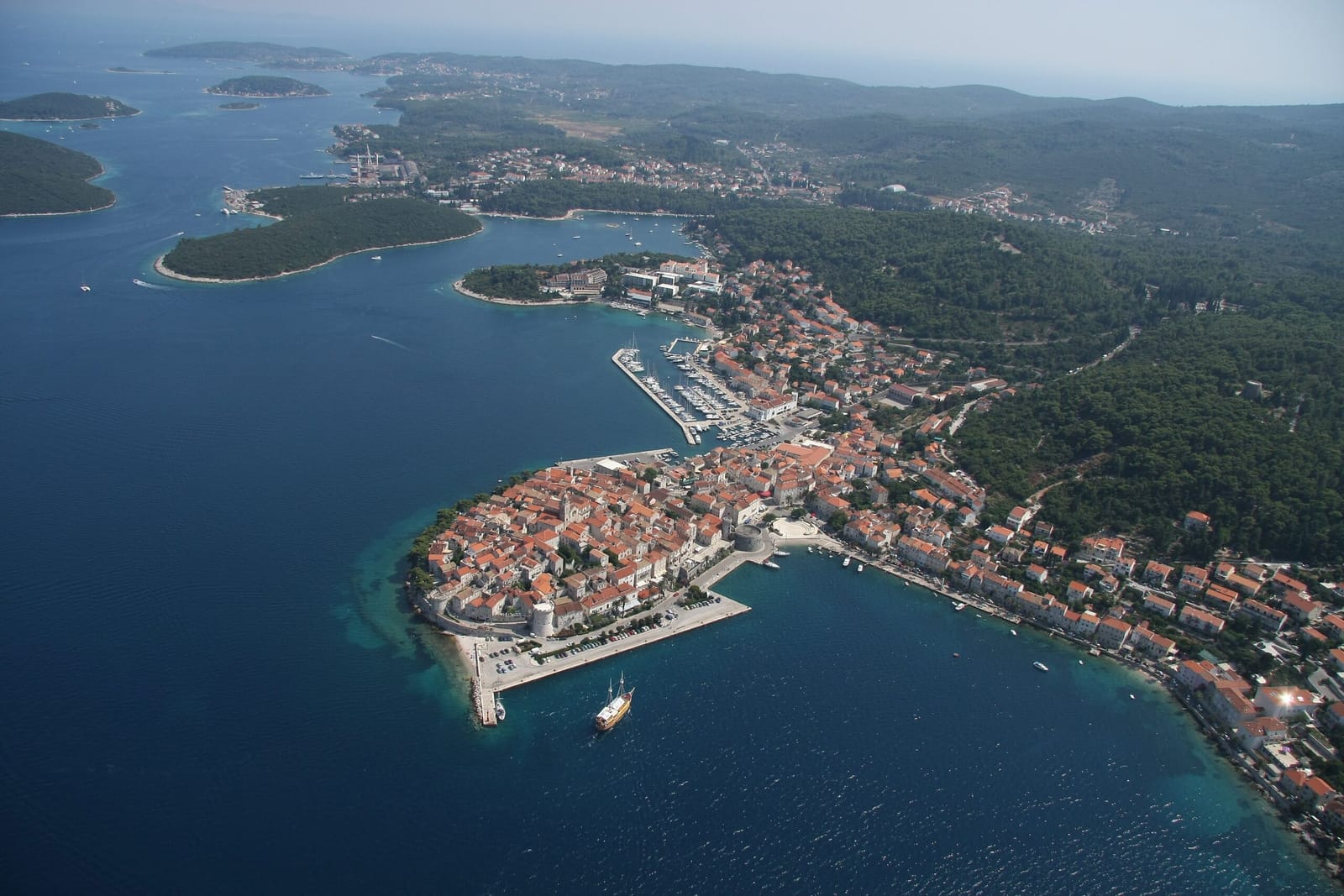 Aerial view of Korčula old town surrounded by the sea